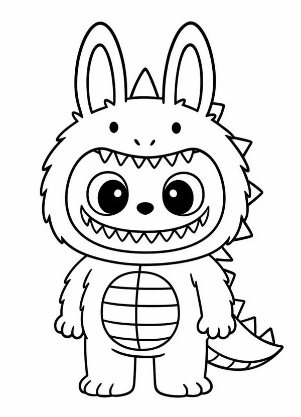 Hình tô màu Labubu đang chơi bóng giữa sân cỏ xanh mướt