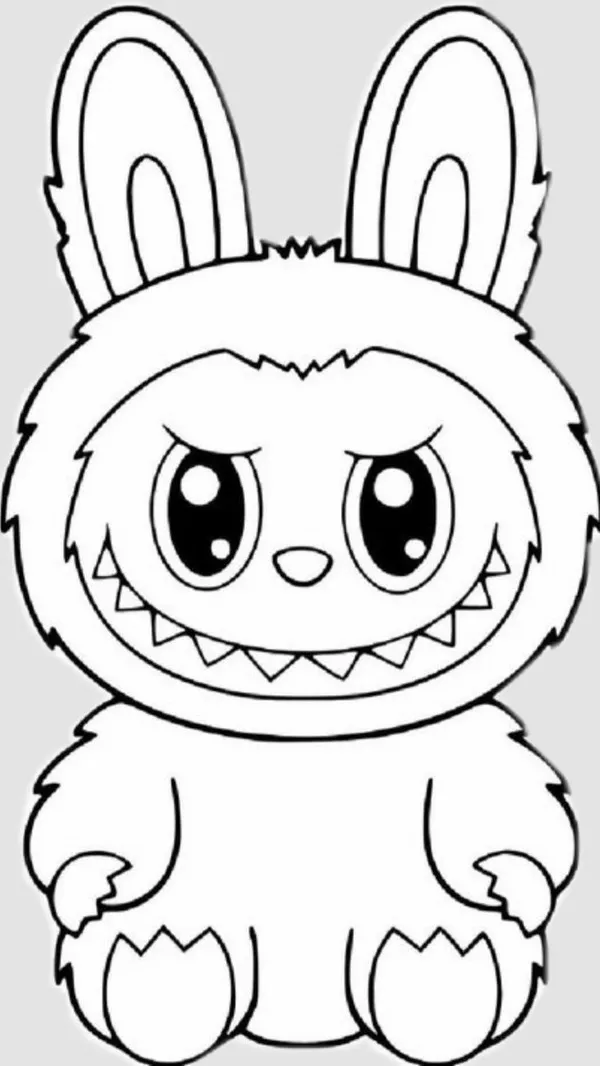 Bức tranh tô màu Labubu mặc áo khoác tím đứng bên suối nhỏ