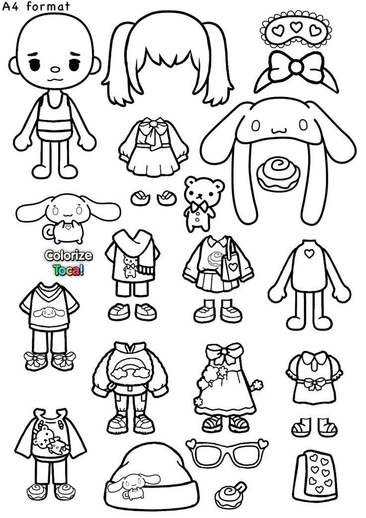 1 Tờ giấy tô màu Cinnamoroll có thể ghép trang phục nhiều kiểu.