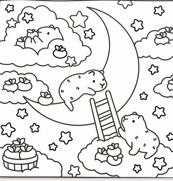 Tờ giấy tô màu Capybara và nhóm bạn nhỏ bên bờ ao