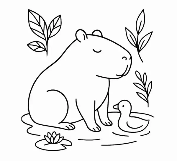 Tờ giấy tô màu Capybara hiền lành ngồi với Labubu cho trẻ 4 tuổi