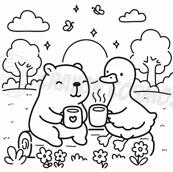 Hoạt động tô màu Capybara và thỏ trắng cười vui bên hoa