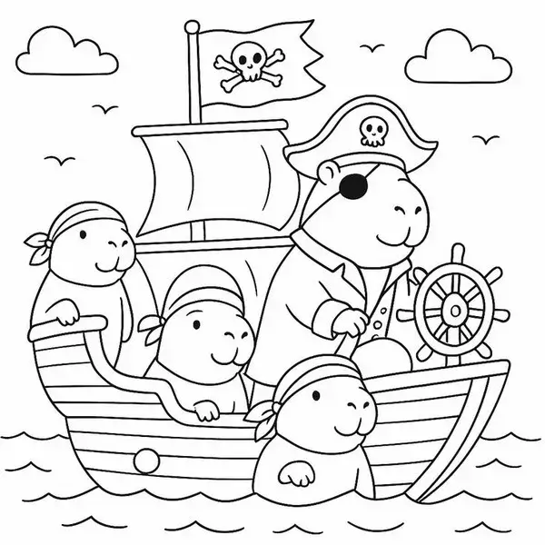 Bức tranh tô màu Capybara cùng gà vàng và thỏ trắng cười vui