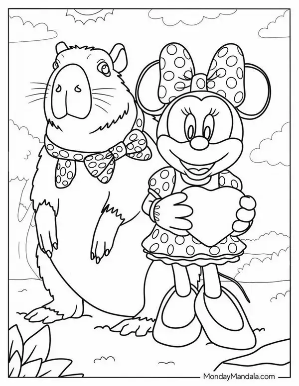 Hình vẽ tranh tô màu Capybara và vịt con đang bơi