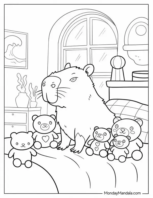 Tải tranh tập tô Capybara cùng Labubu trong khung cảnh bình yên