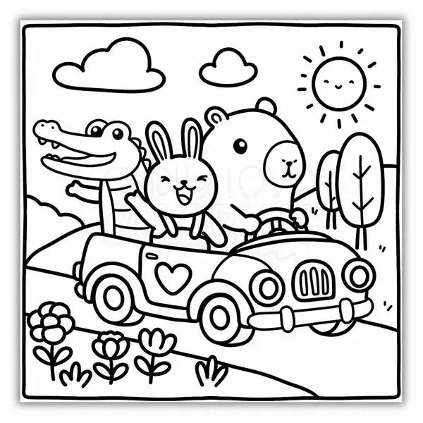 Bức tranh tô màu Capybara và gà vàng ríu rít quanh cỏ