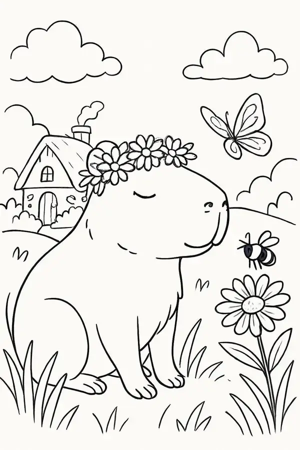 Trang tô màu Capybara vui chơi với bạn thỏ trong nắng