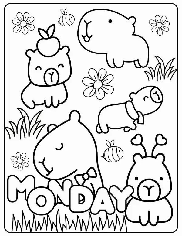 Tranh tô màu Capybara hiền lành được bạn bè vây quanh