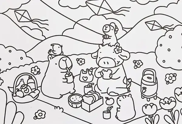 Hình vẽ tranh tô màu Capybara và các bạn bên rặng cây