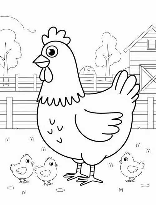 Bức tranh tô con gà trong chuồng rơm ấm cúng buổi sớm