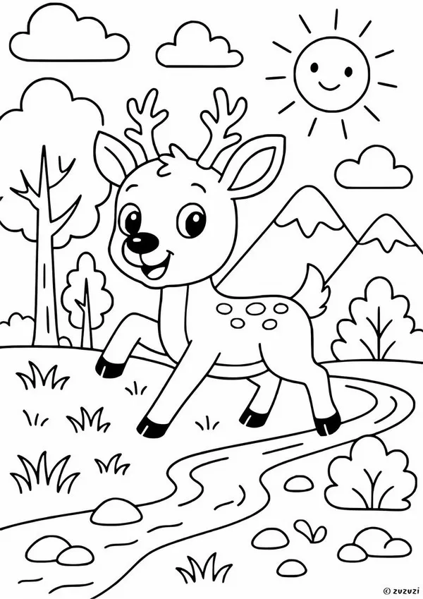 Hình tô màu chim công, hươu, khỉ trong rừng xanh.