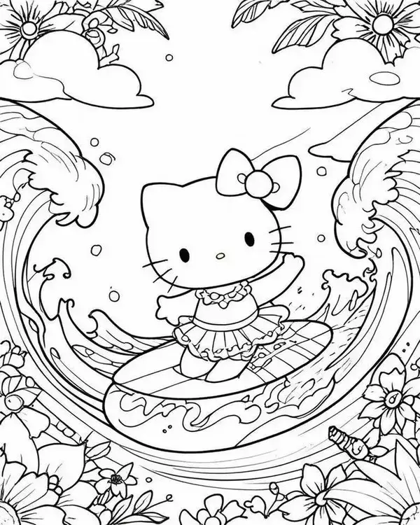 Hình tô màu Hello Kitty váy hồng pastel đáng yêu