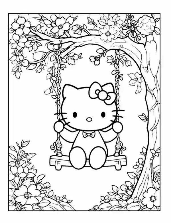 Bức tranh tô Kitty cầm bóng bay trong công viên