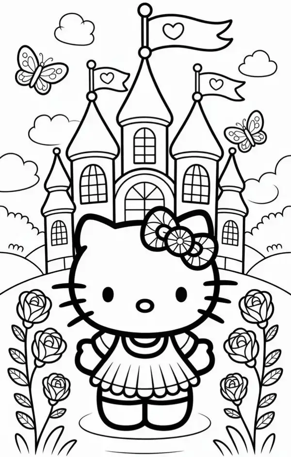 Tranh tô Hello Kitty ngồi cười giữa những quả táo