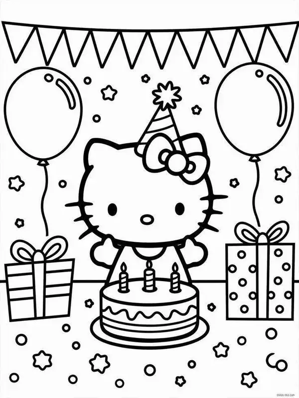 Hình tô Kitty váy hồng ngồi giữa vườn hoa rực rỡ