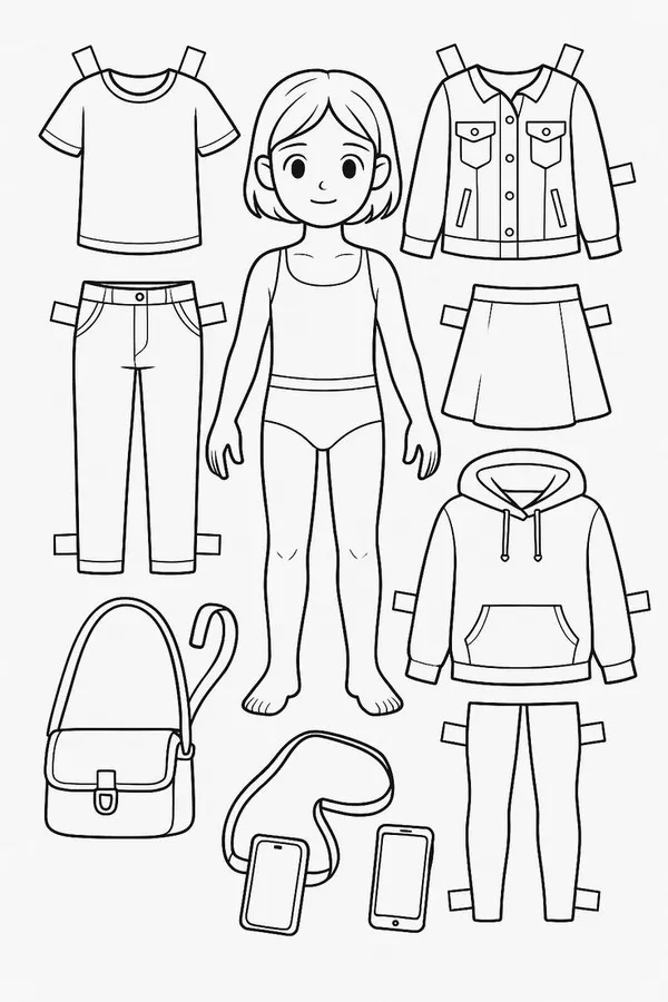 22 Mẫu tranh tô paper doll ôm mèo nhỏ, váy caro xanh.