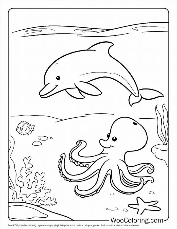 32 Hình tô màu cá heo đáng yêu bơi bên sao biển