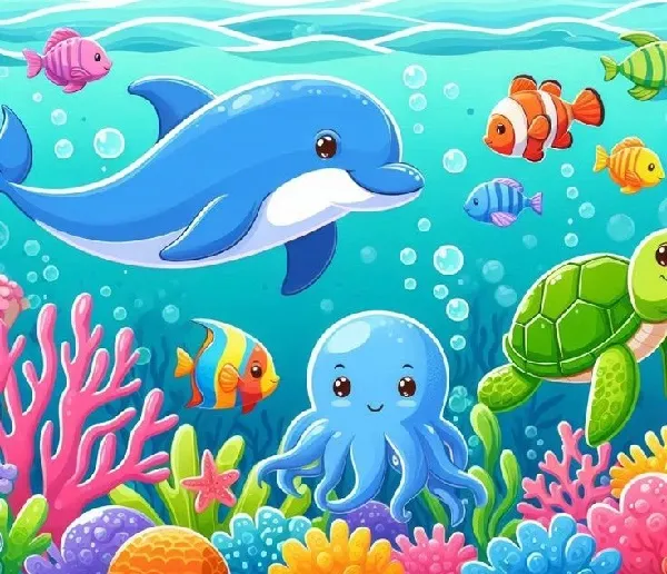 2 Cả nhà cùng tô màu cá heo vui nhộn trong biển xanh