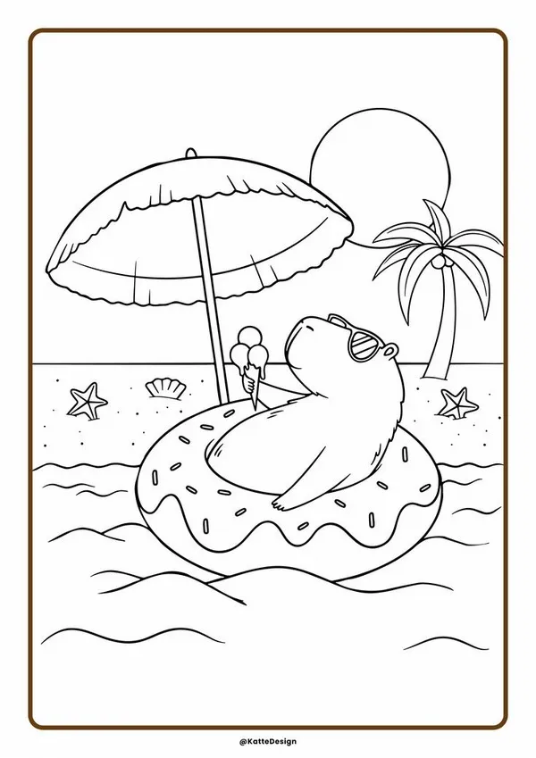 52 Bức tranh tô Capybara chibi vui cười bên hồ cho trẻ 4 tuổi