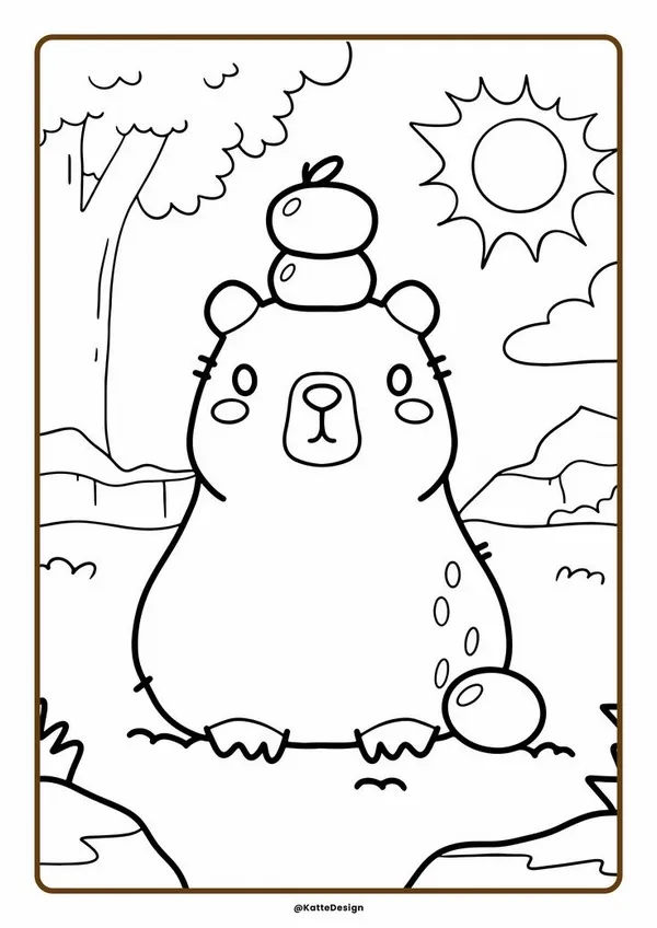 48 Tranh tô màu capybara mini chơi với hoa sen