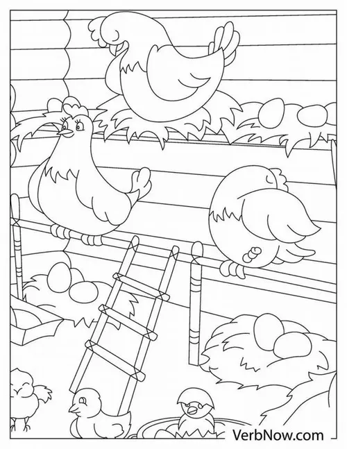 Bức tranh tô màu con gà trong sân nhà vui tươi cho trẻ 6 tuổi