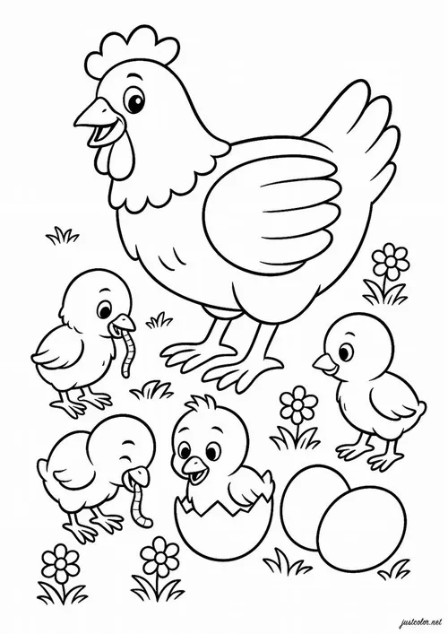 Hình tô gà mái và gà con cùng ăn thóc trên sân