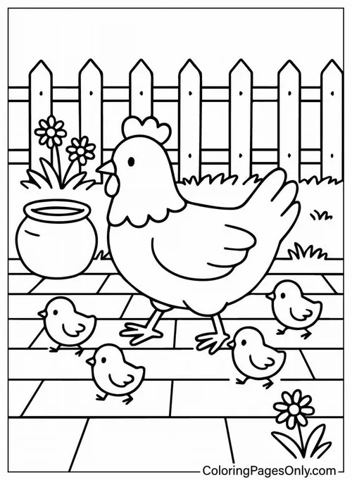 Hình tô màu gà mái chăm sóc đàn con đáng yêu