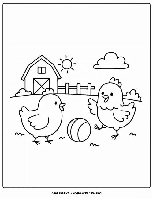 Tranh tô màu gà mái trong chuồng gà ấm áp