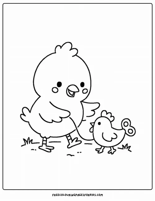 Tờ giấy tô màu gà mẹ và gà con cùng ăn thóc