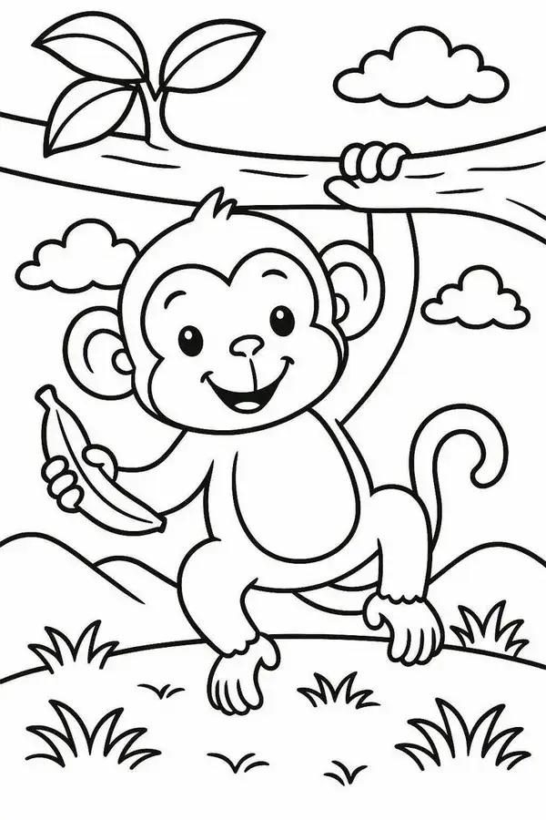 Trang tập tô khỉ nhỏ đang ăn chuối cực sinh động.