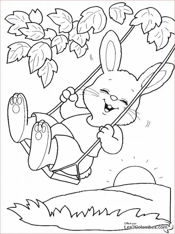 Tranh tô màu thỏ cute đang nhảy nhót dưới trời xuân