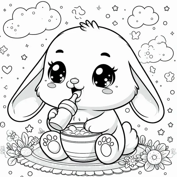 Tranh tô màu thỏ cute cầm giỏ hoa siêu đáng yêu