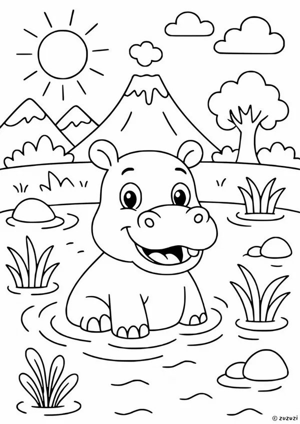 Trang tô màu hà mã bơi dưới biển xanh biếc.