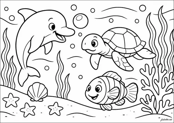 Tranh tô cá mập con cười tươi giữa bọt biển.