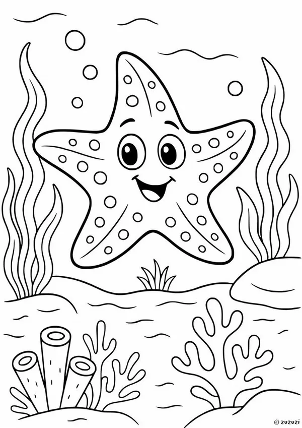 Bức tranh tô sao biển nằm trên đá giữa nắng vàng.