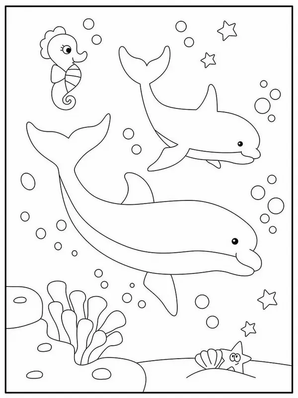 Hình tô màu cá heo tung tăng bơi giữa sóng xanh.