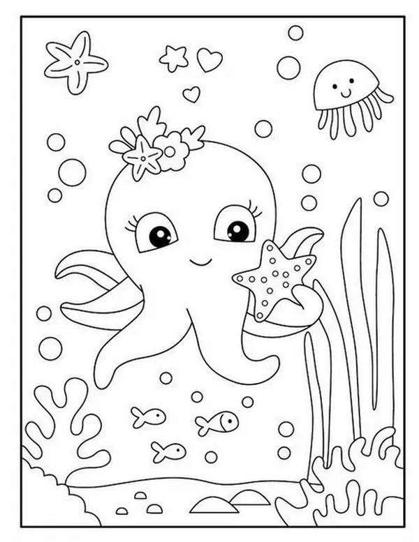 Tranh tô động vật biển giúp bé nhận biết thiên nhiên.