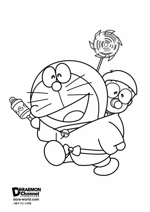 Hình vẽ tranh tô Doraemon bay bằng chong chóng tre vui nhộn
