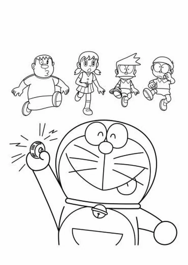 Tờ giấy tô màu mèo ú Doraemon cổ đỏ chuông vàng