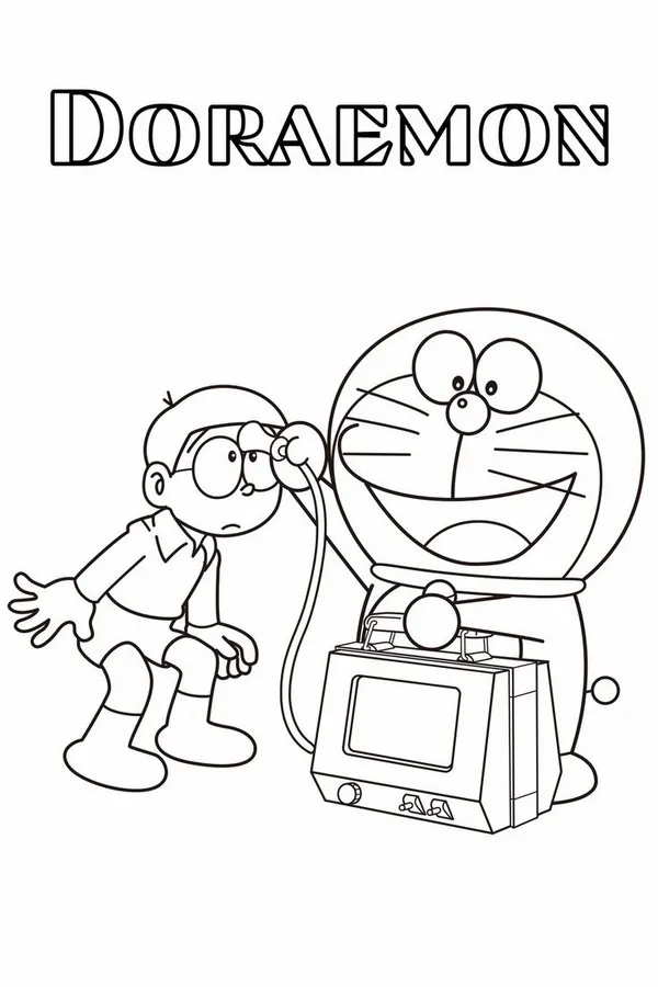 Mẫu tranh tô Doraemon thân xanh trắng vàng cho trẻ em