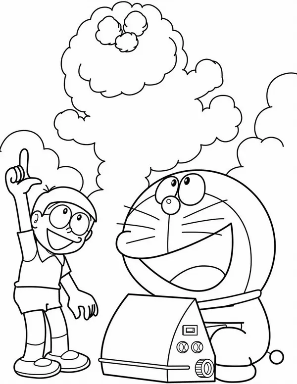 Trang tô màu Doraemon cùng Nobita bay trên trời cao