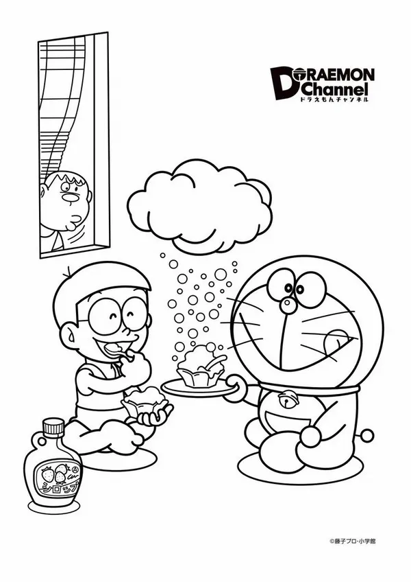 Hình vẽ Doraemon cầm bánh rán giúp bé yêu thích tô