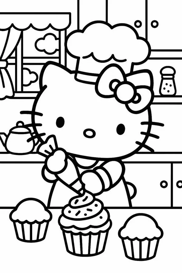 Hình tô Kitty đeo nơ đỏ ngồi bên bàn học đáng yêu