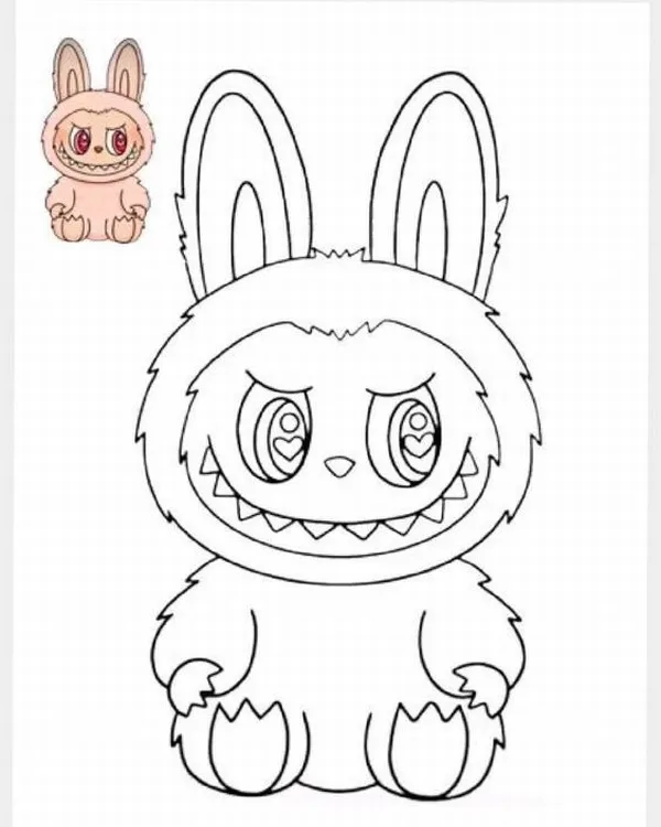 Bức tranh Labubu chơi đàn ukulele trên bãi cát vàng