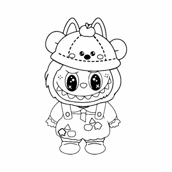 Hình tô màu Labubu đội nón lá đi dạo giữa ruộng lúa vàng