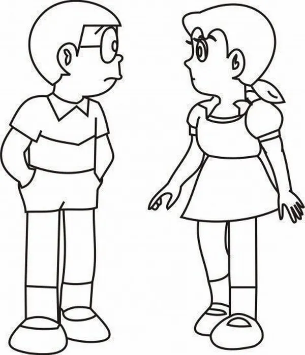 Bức tranh tô Nobita chơi cùng Shizuka dễ thương quá