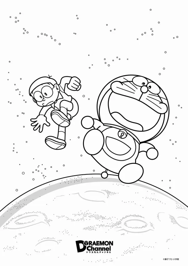 Hình vẽ Nobita và Doraemon bay bằng chong chóng tre