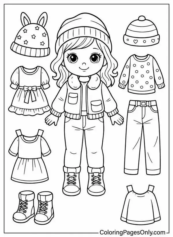 Tờ giấy tô paper doll mặc đồng phục và túi đeo vai.