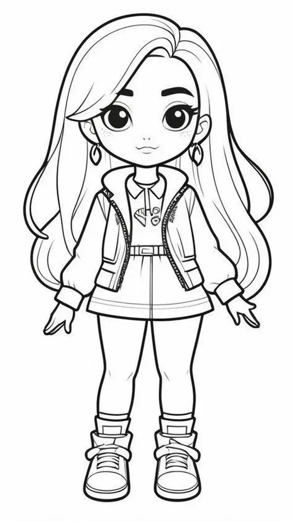 67 Trang tô màu paper doll đội mũ beret, váy xếp ly hồng.