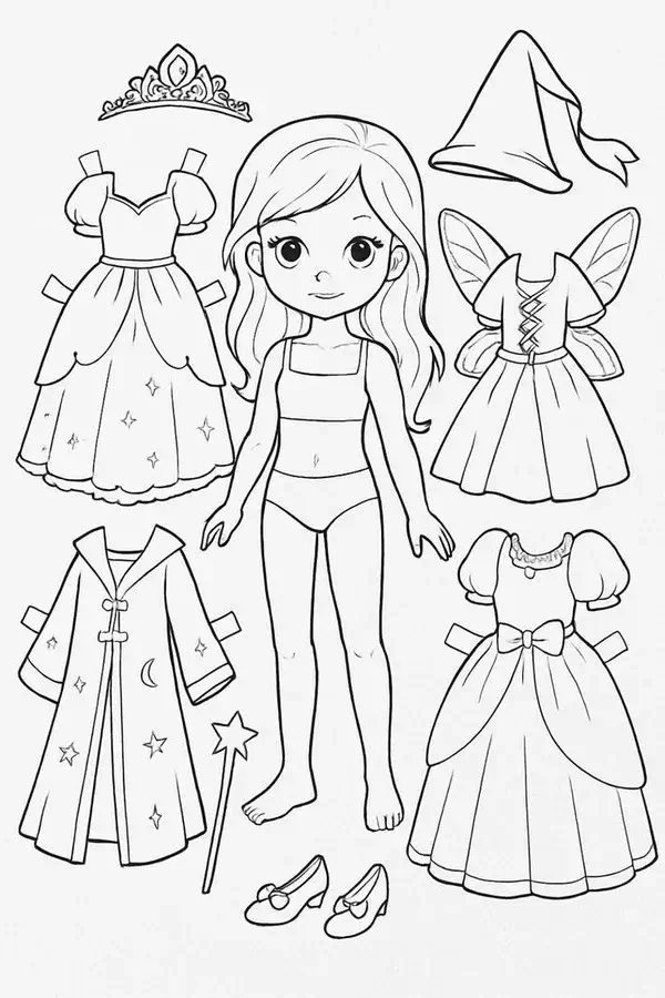 13 Tranh tô màu búp bê giấy cầm ô trong, váy trắng bay.